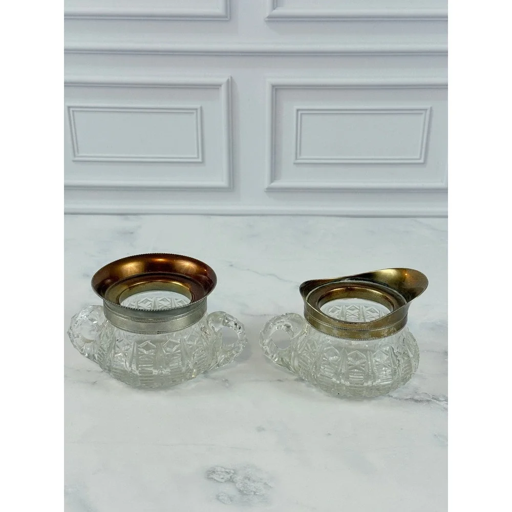 VTG American Brilliant Period Cut Glass Metal Edge Sugar and Creamer